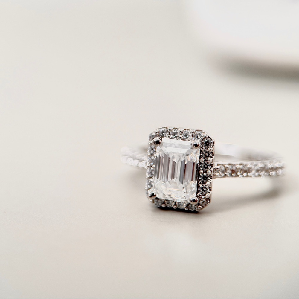 1.35ctw S925 Moissanite Emerald Cut Halo Engagement Ring 18K Gold Plate - Picture 5 of 9